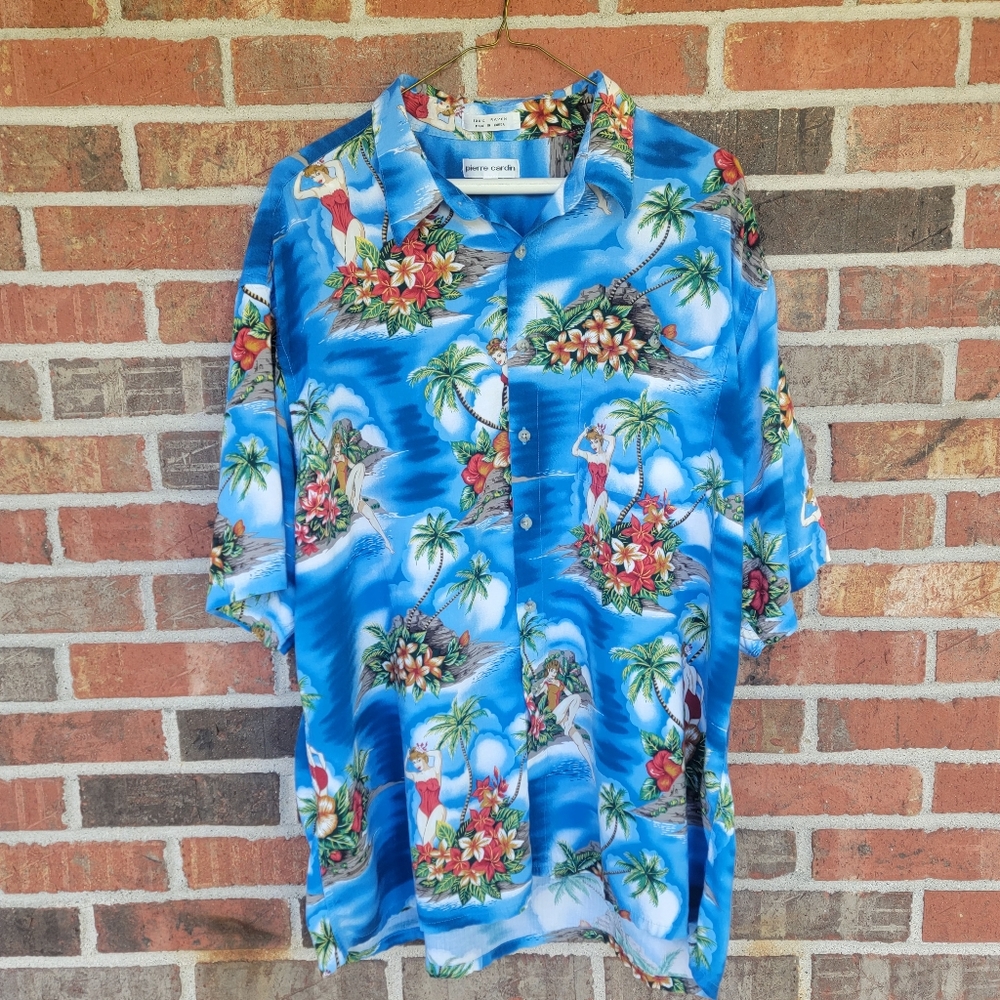 Vintage Pierre Cardin Men's Tropical Ladies Hawaiian Blue Button-Down Shirt XXL
